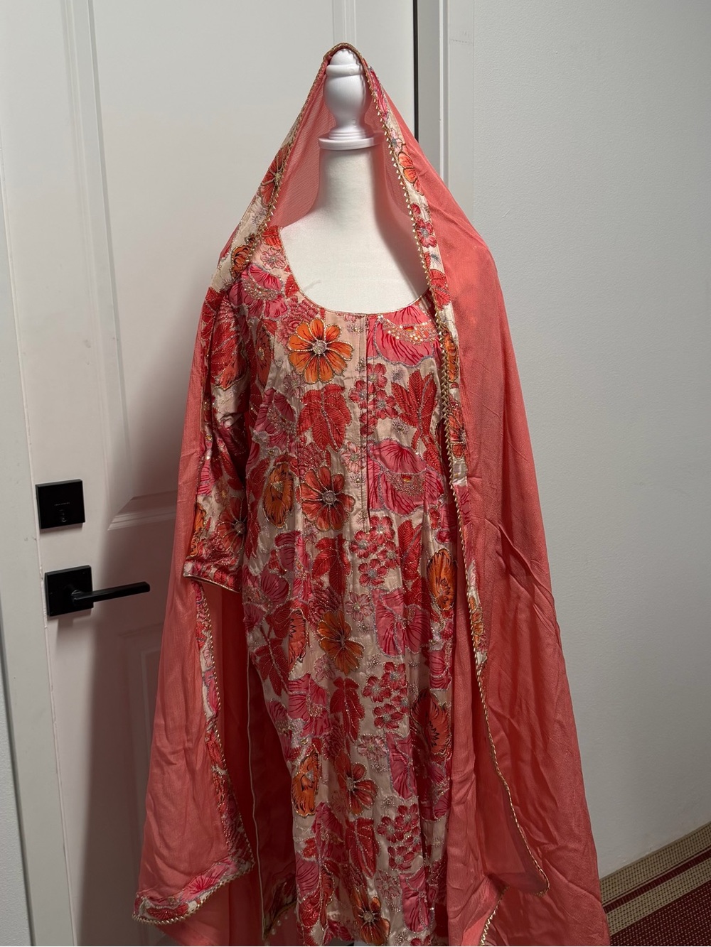 Indian 3 Piece Coral Floral Embroidered Formal Suit Medium